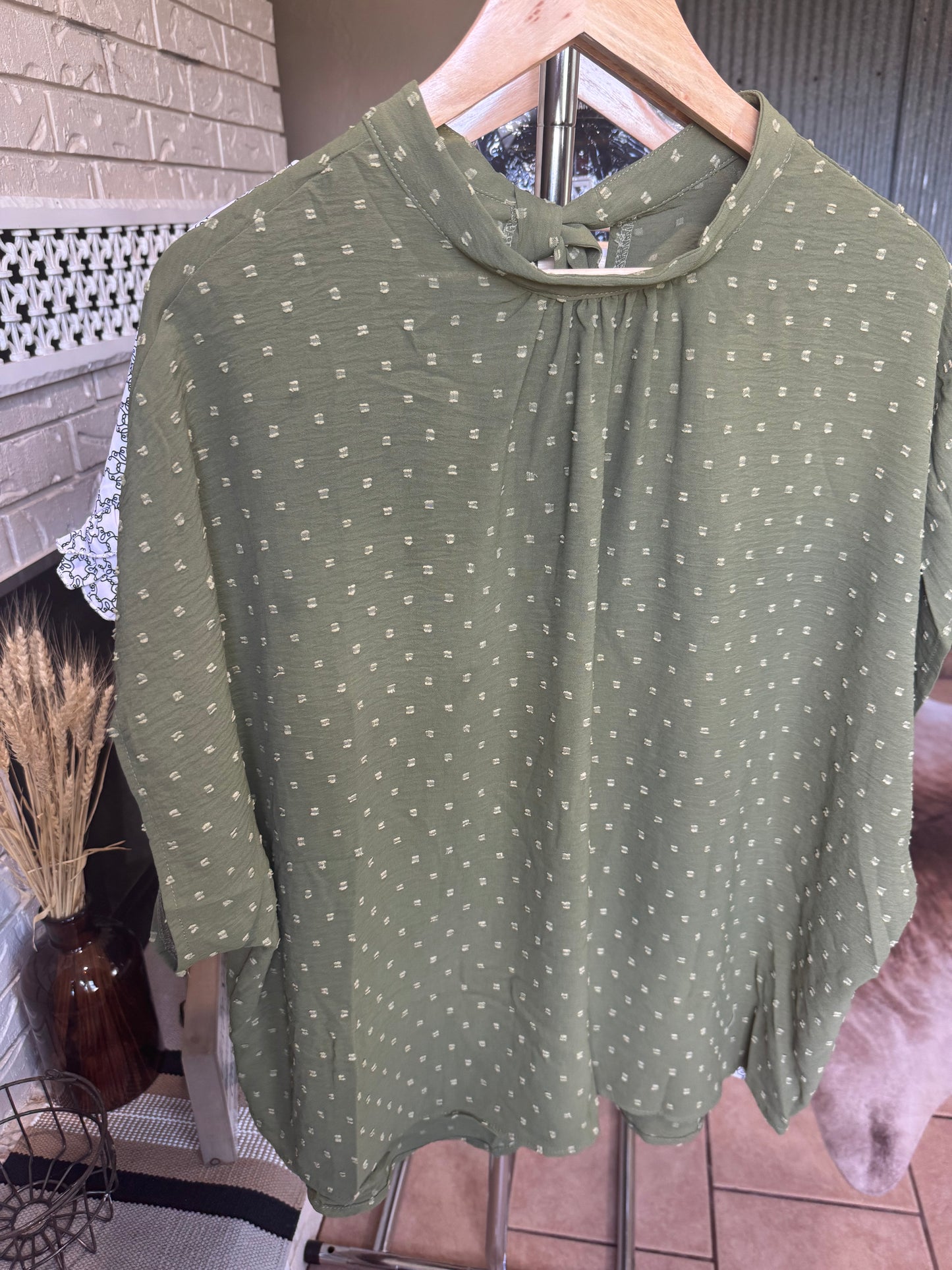 Swiss Dot Mock Neck Batwing Sleeve Blouse