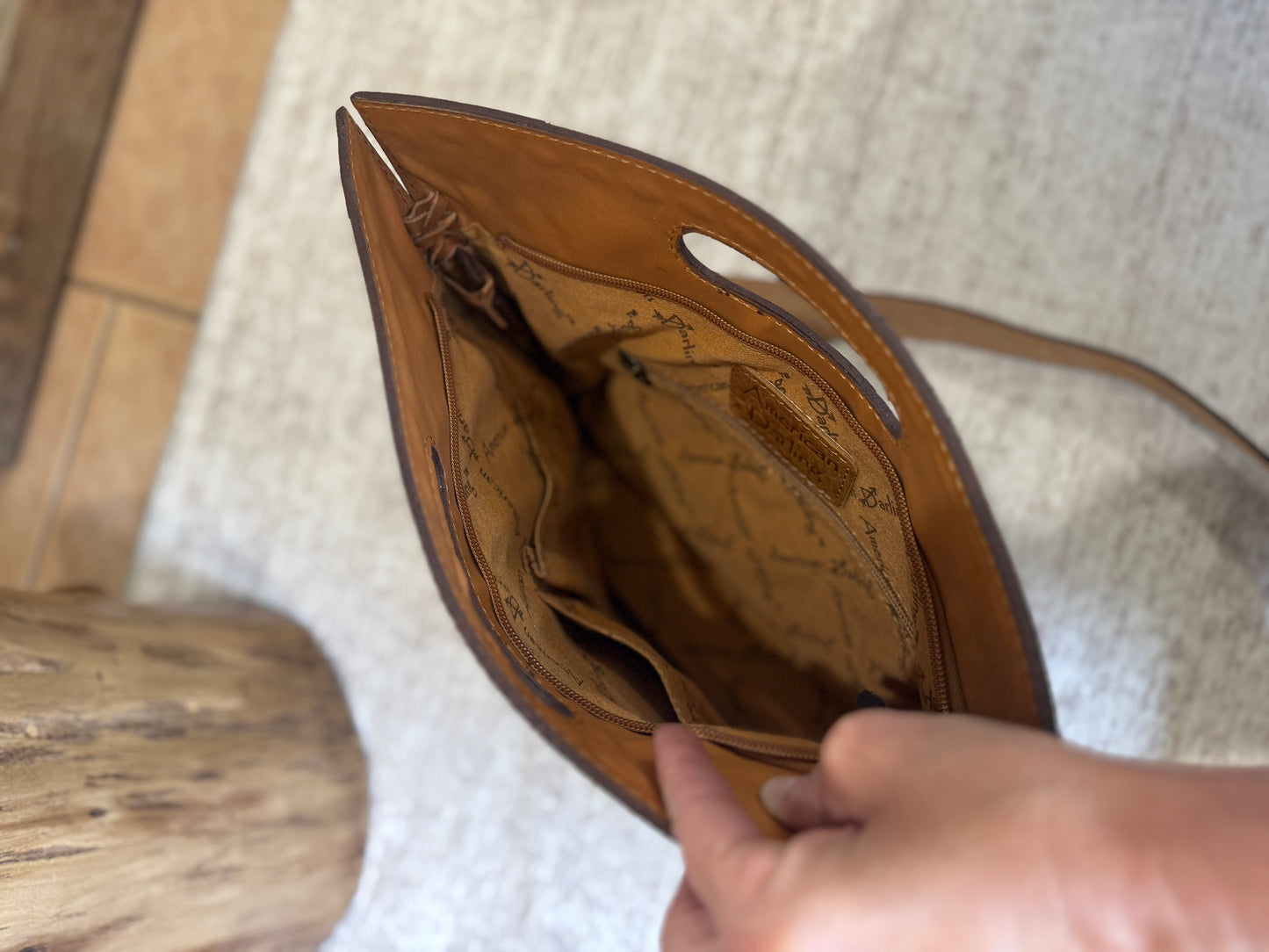Genuine hand tooled leather bag with handle and strap~Paige