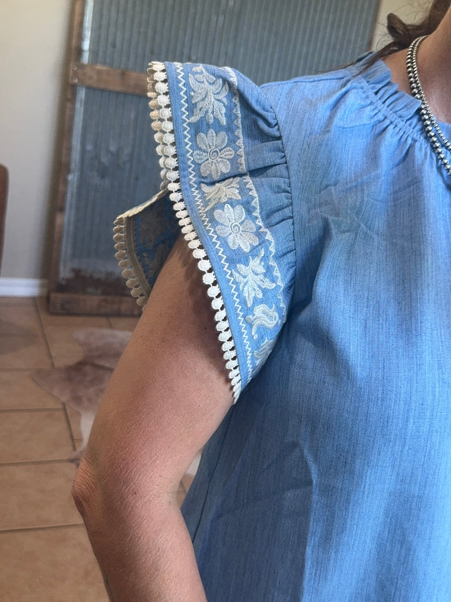 Embroidered Flutter Sleeve Denim Top