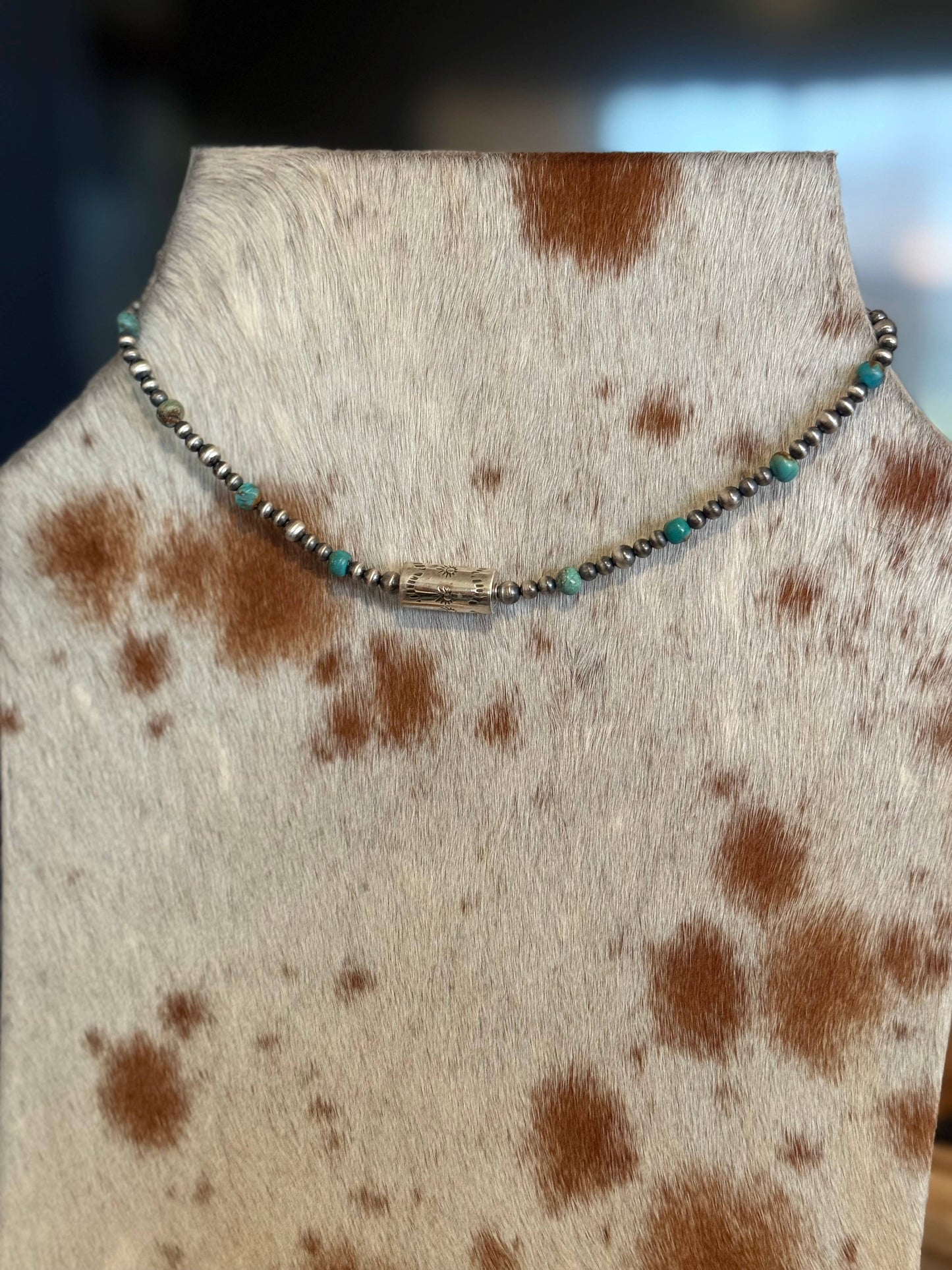 Genuine Turquoise & Sterling Silver Barrel Bead Necklace 16"
