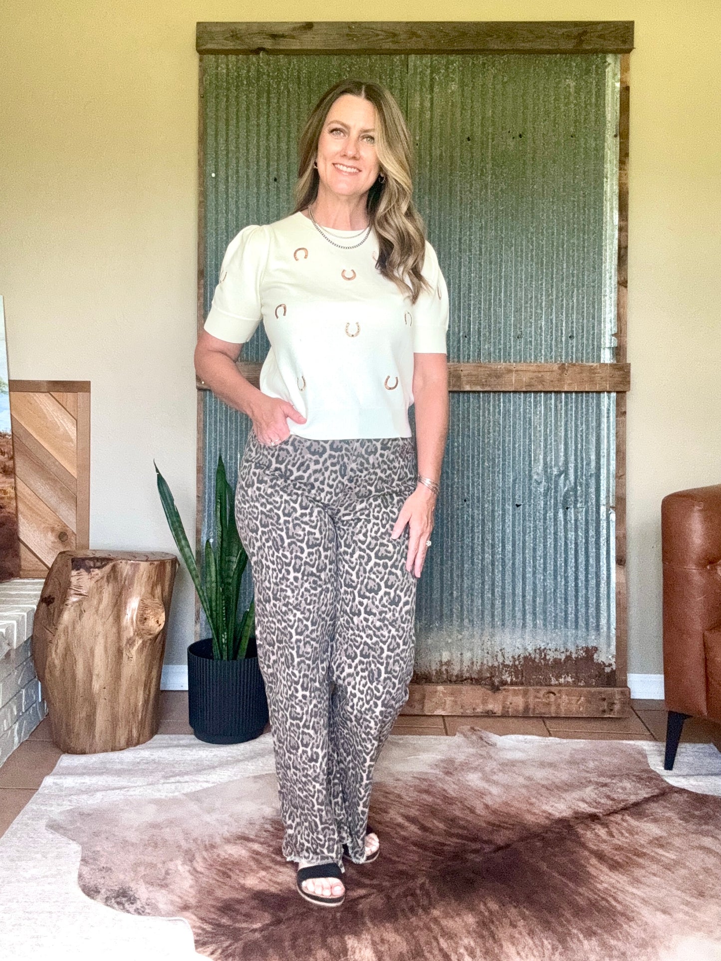 Leopard Frayed Edge Wide Leg High Waist Jeans