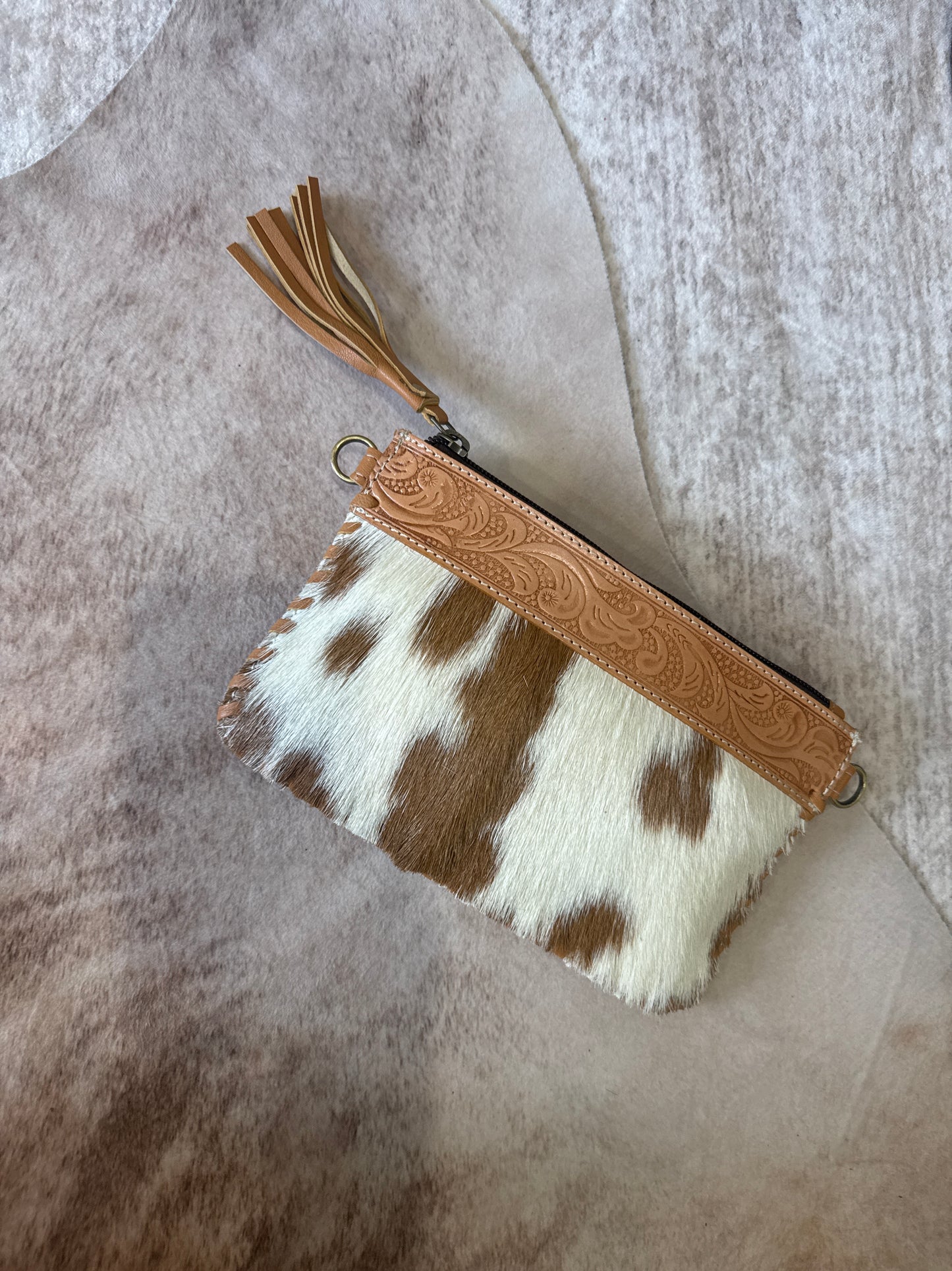Tan/White Tooled Leather Hair on Hide. Crossbody/Wristlet