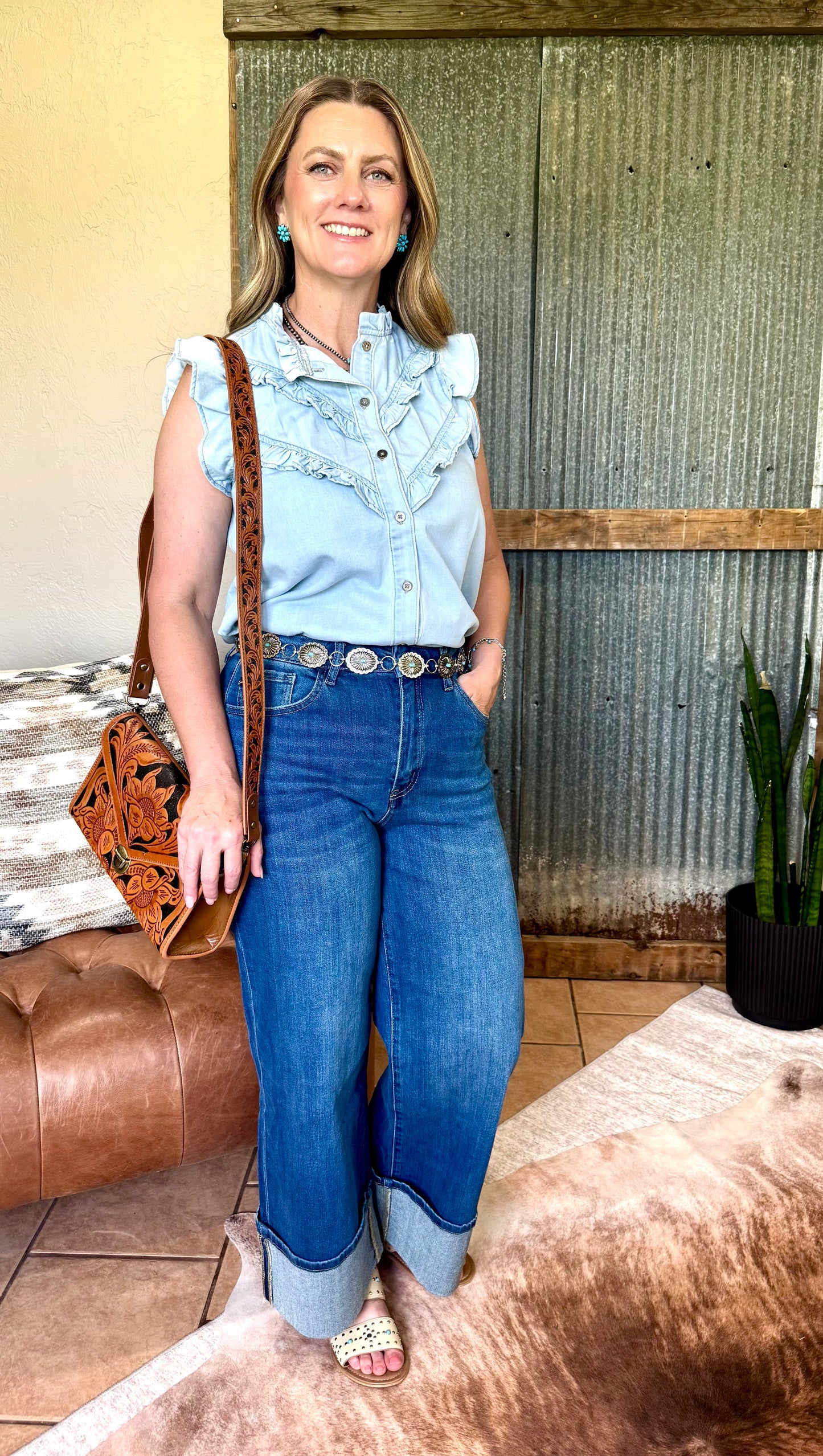 Denim Ruffle Cap Sleeve Shirt