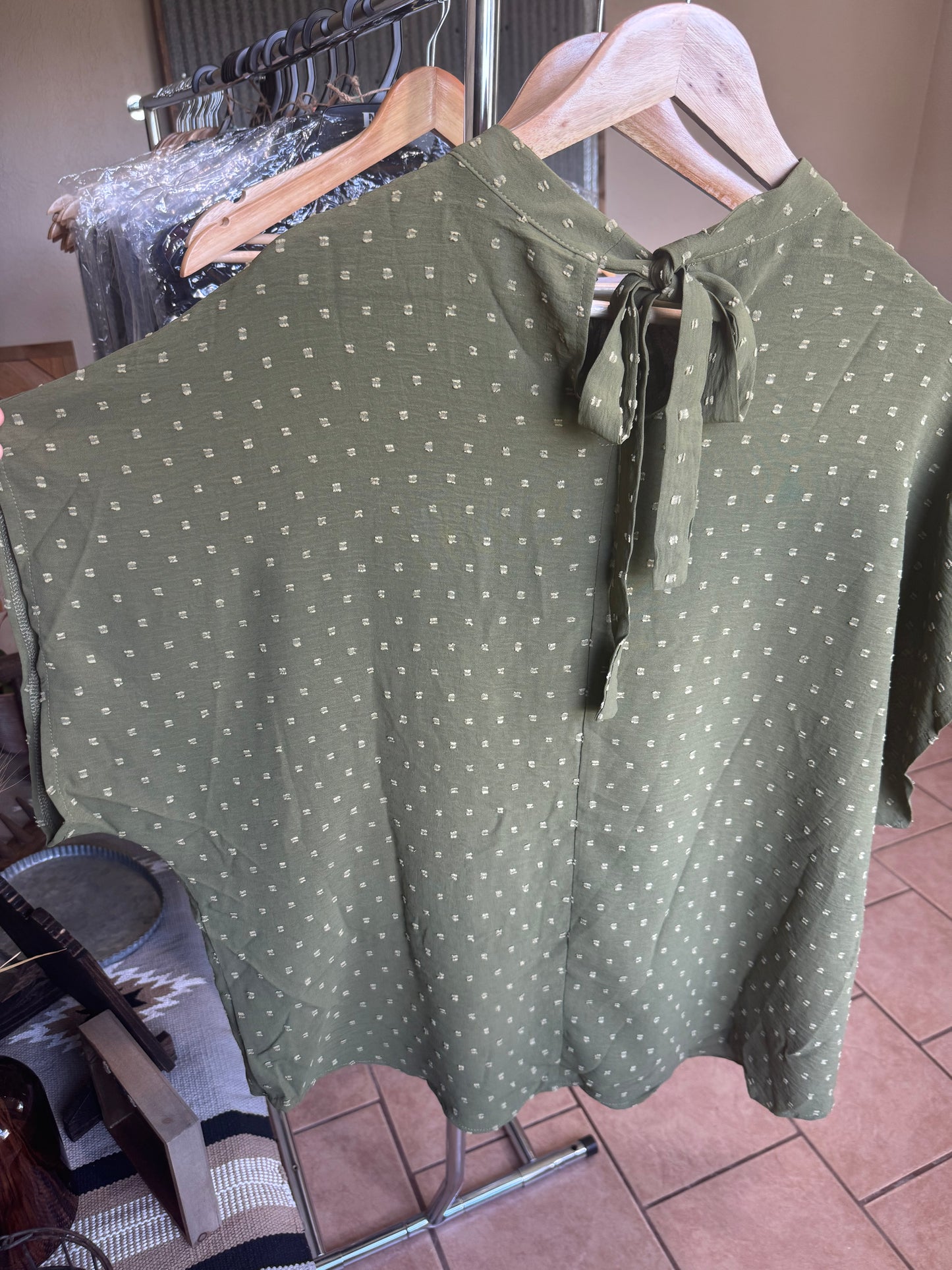 Swiss Dot Mock Neck Batwing Sleeve Blouse