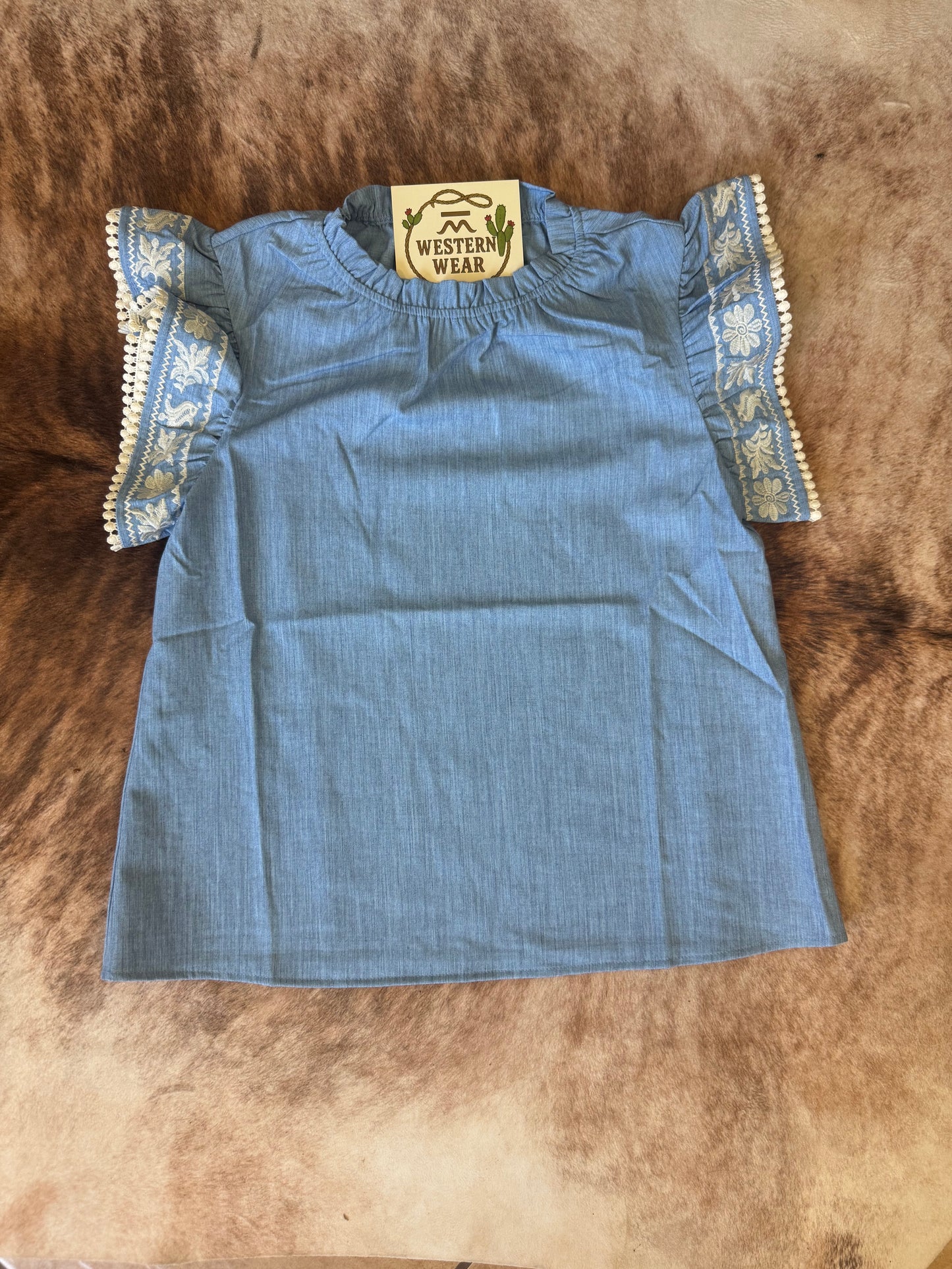 Embroidered Flutter Sleeve Denim Top