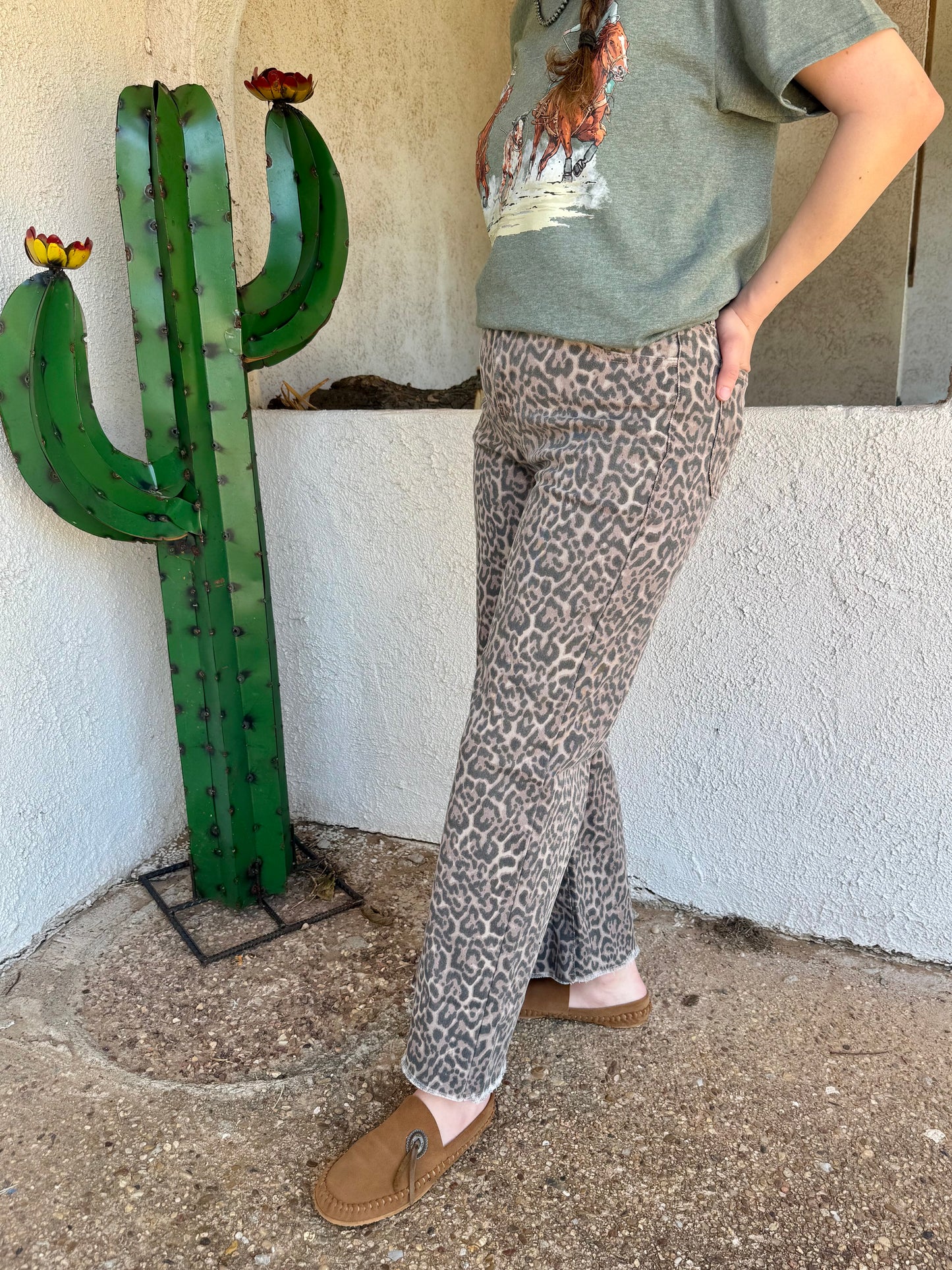 Leopard Frayed Edge Wide Leg High Waist Jeans