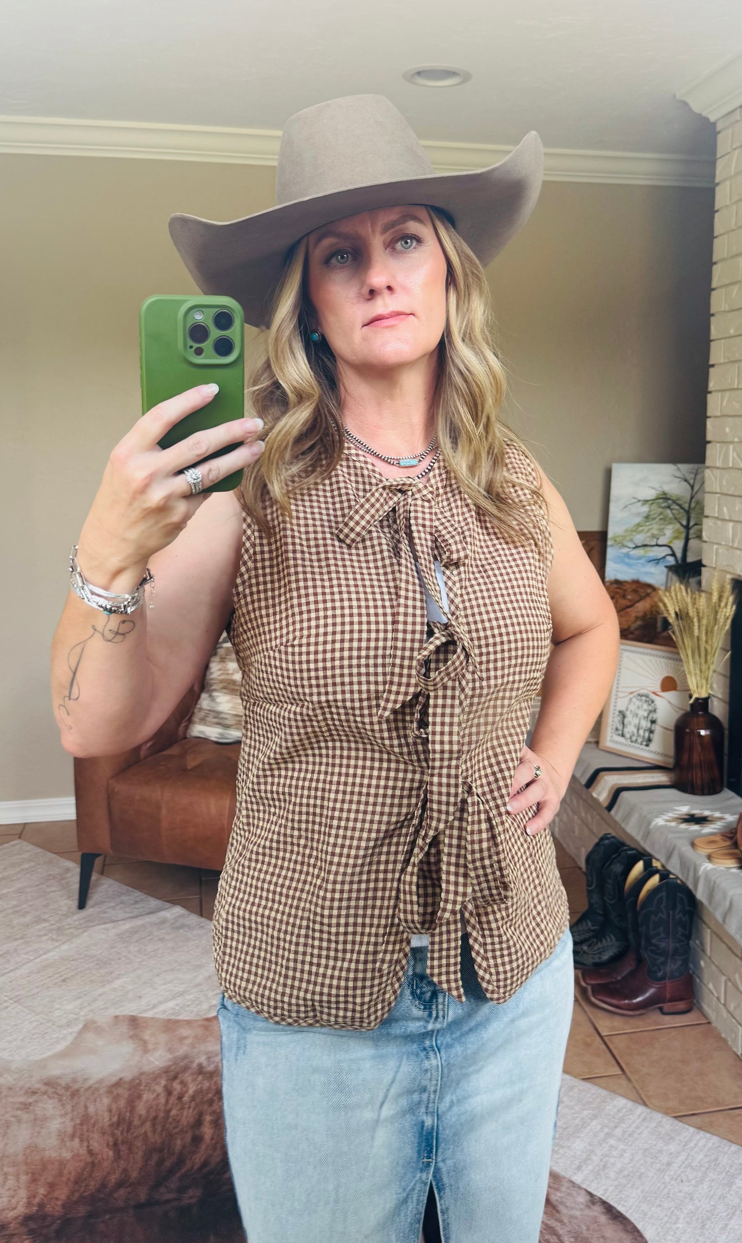 Brown Gingham Tie Vest