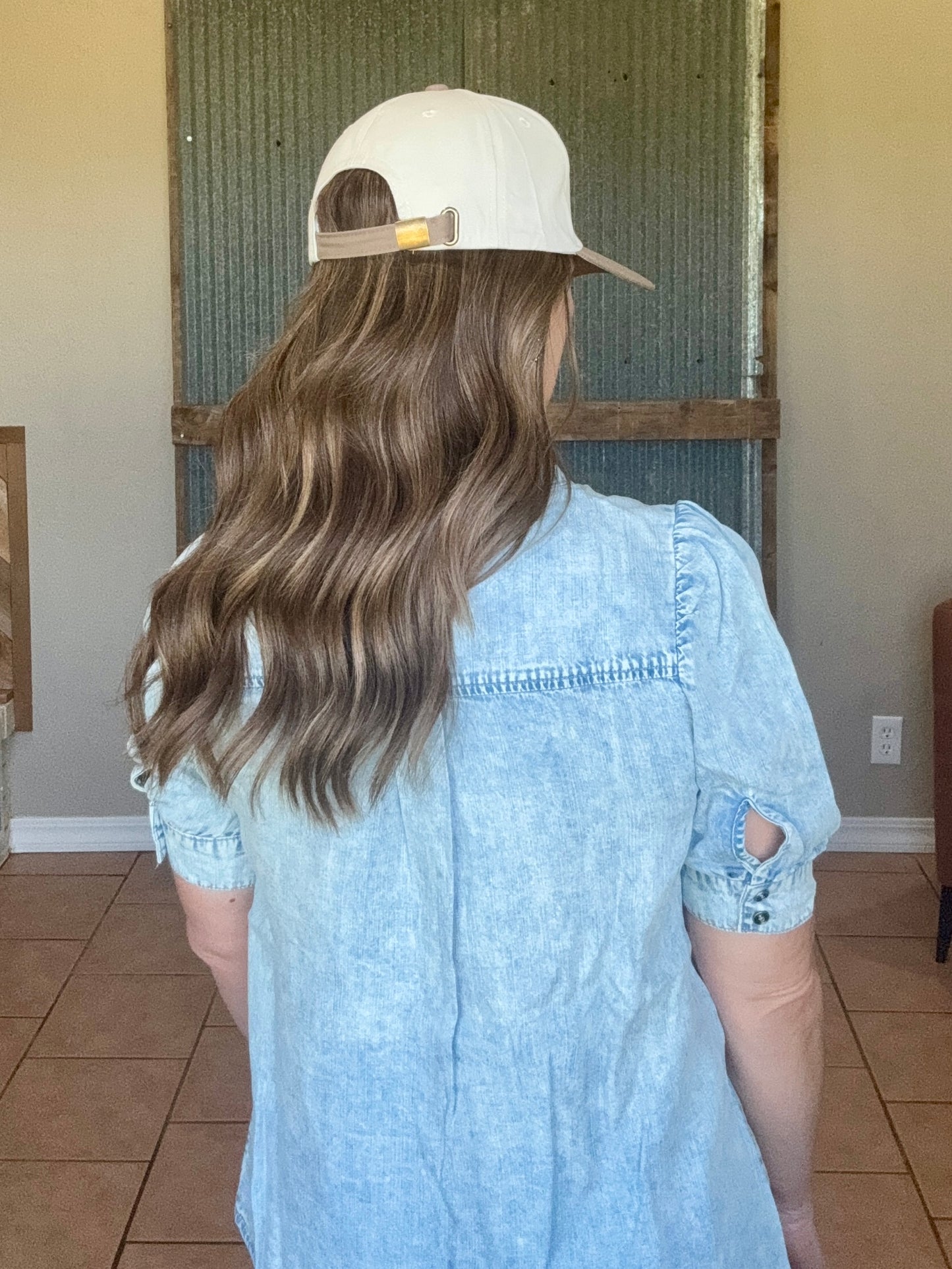 BUTTON FRONT TENCEL TOP W SHIRRED PUFF SHORT SLEEVE