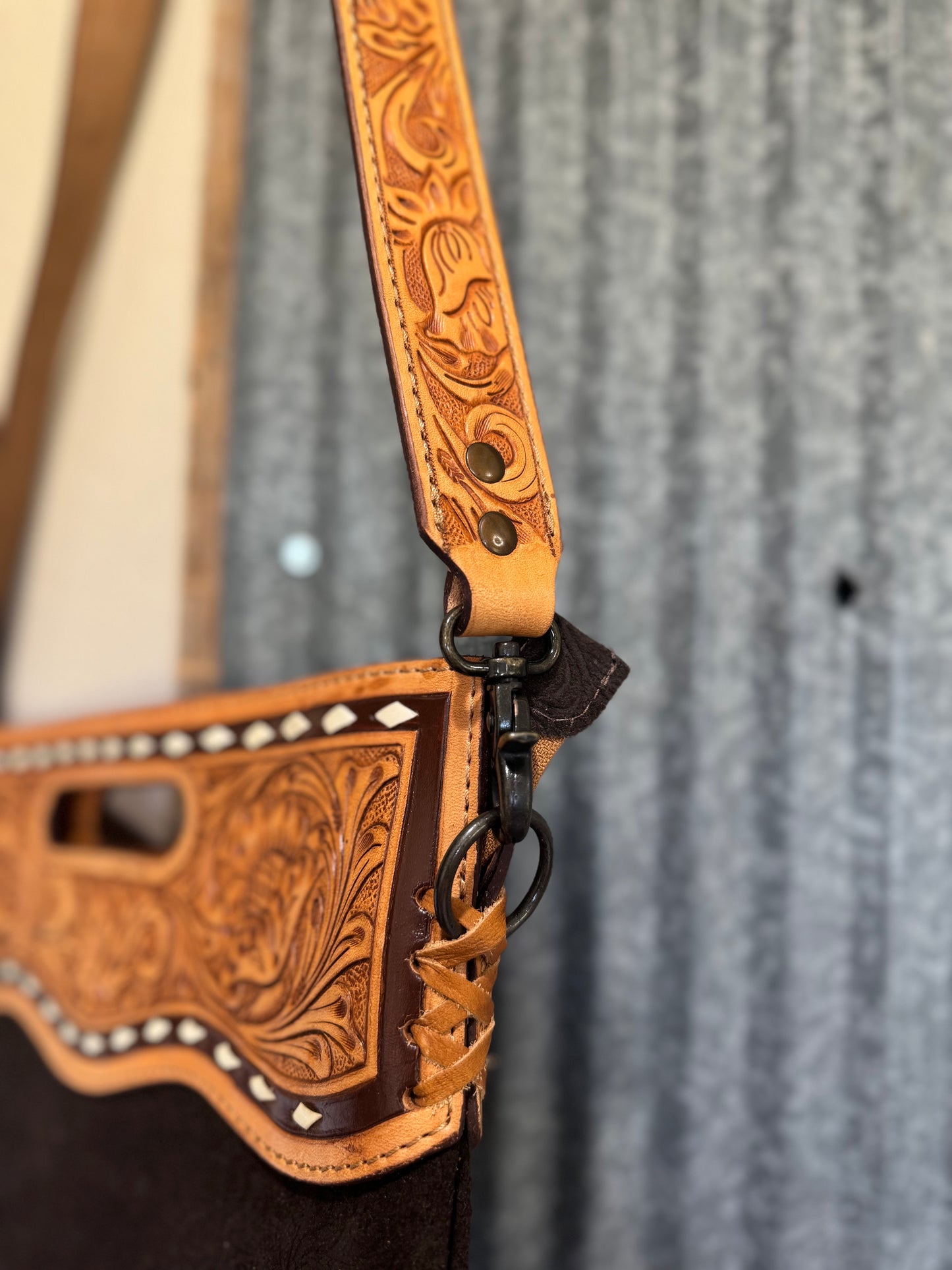 Genuine hand tooled leather bag with handle and strap~Paige