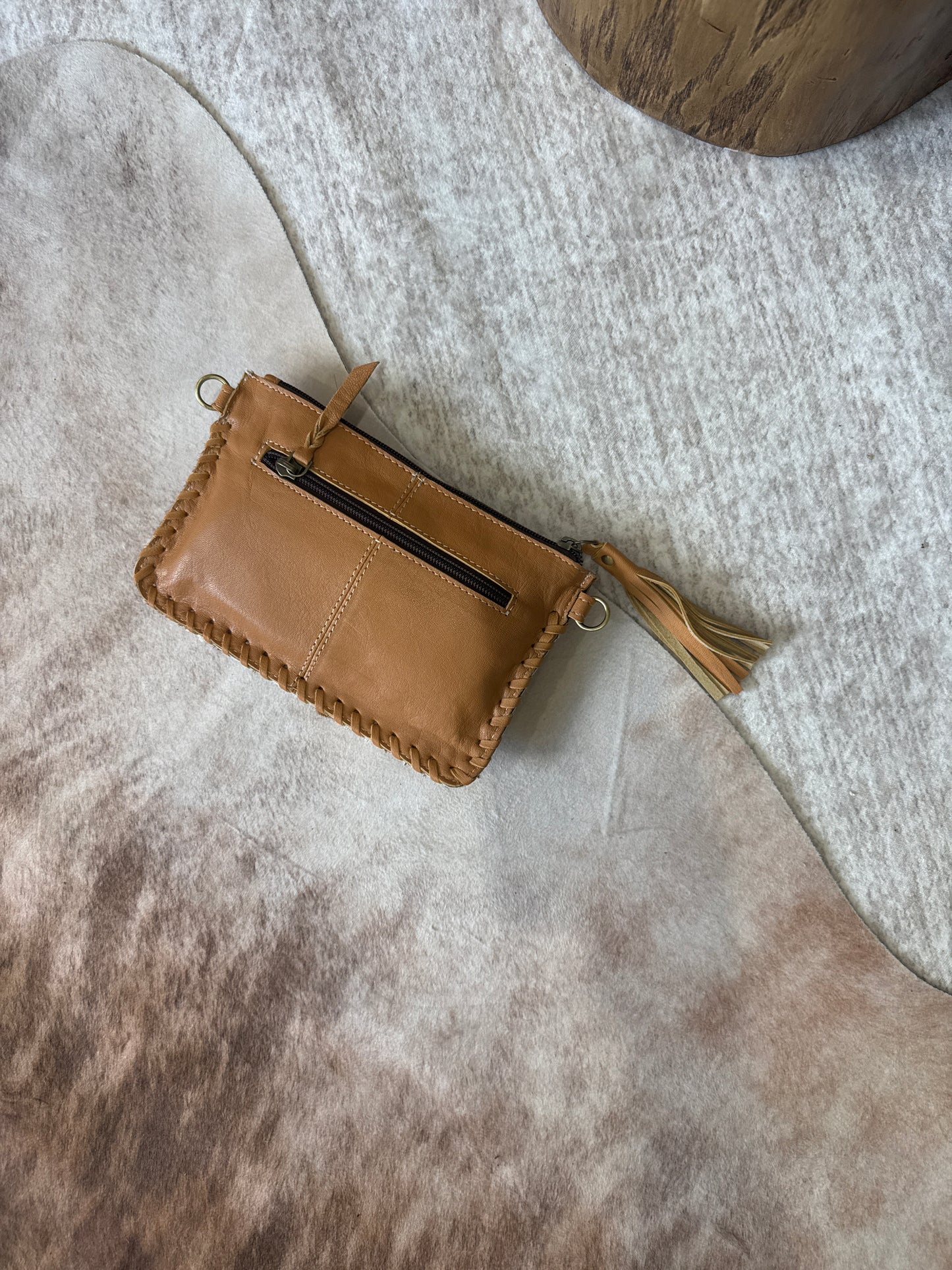 Tan/White Tooled Leather Hair on Hide. Crossbody/Wristlet