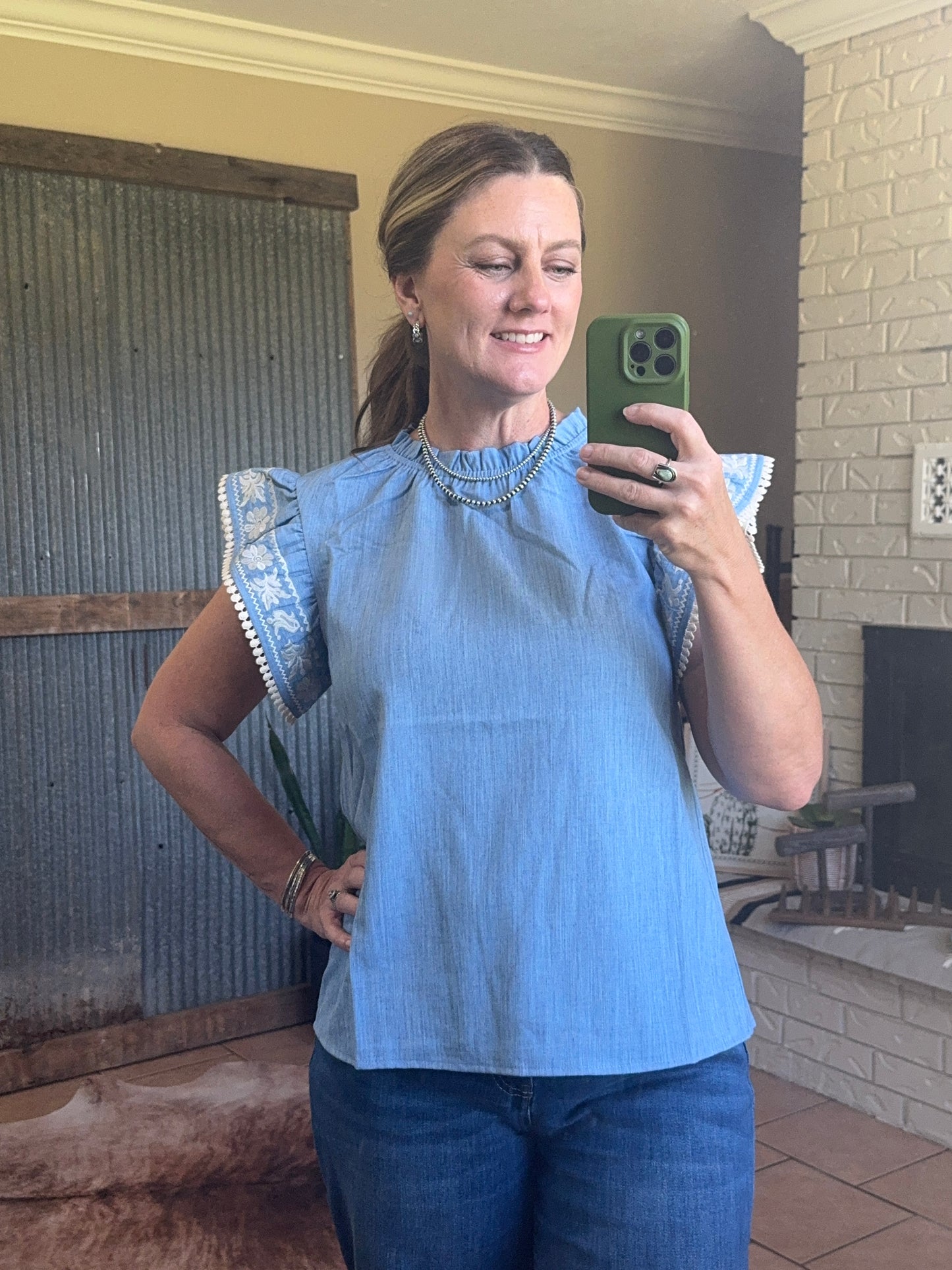 Embroidered Flutter Sleeve Denim Top