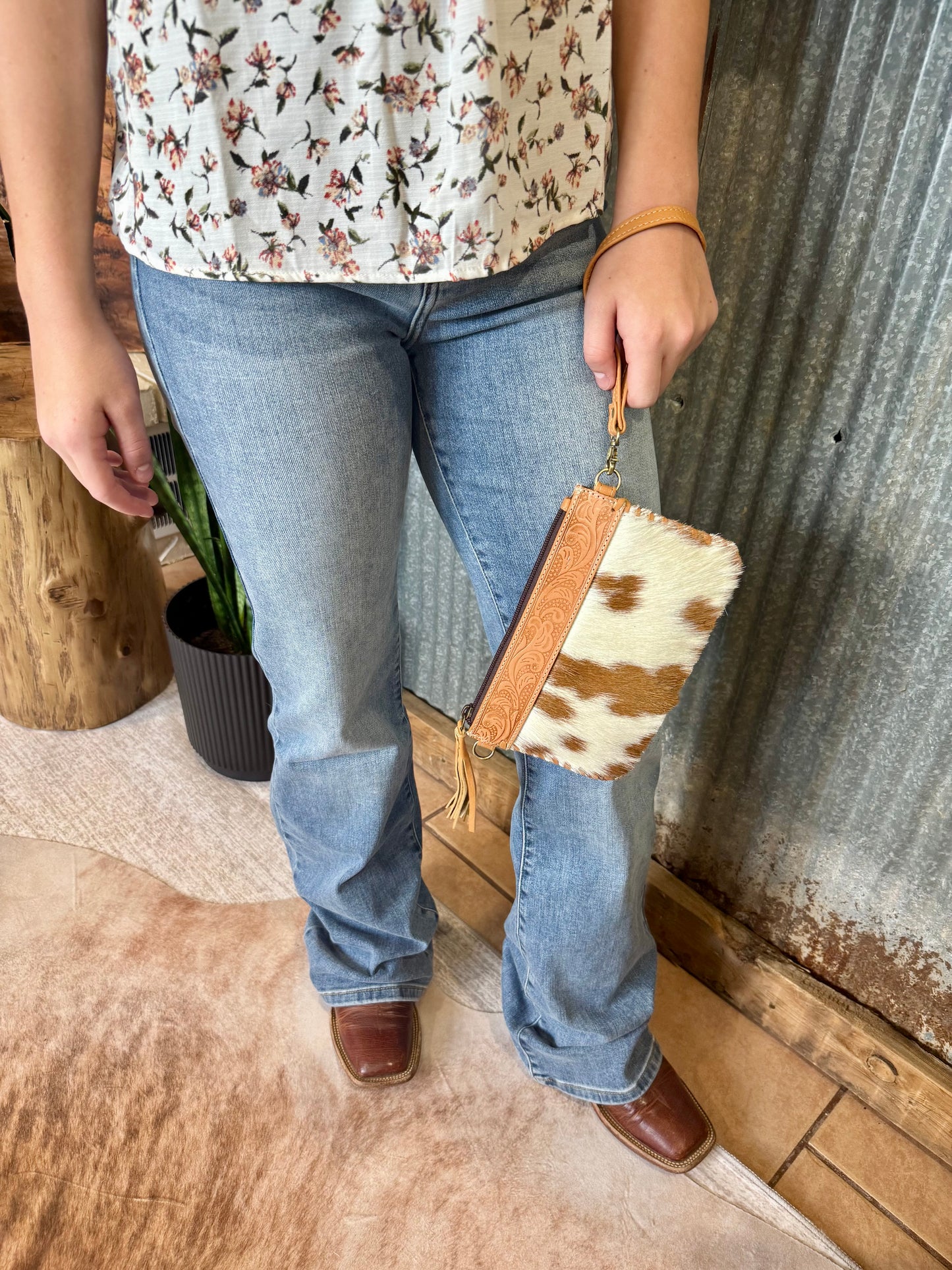 Tan/White Tooled Leather Hair on Hide. Crossbody/Wristlet