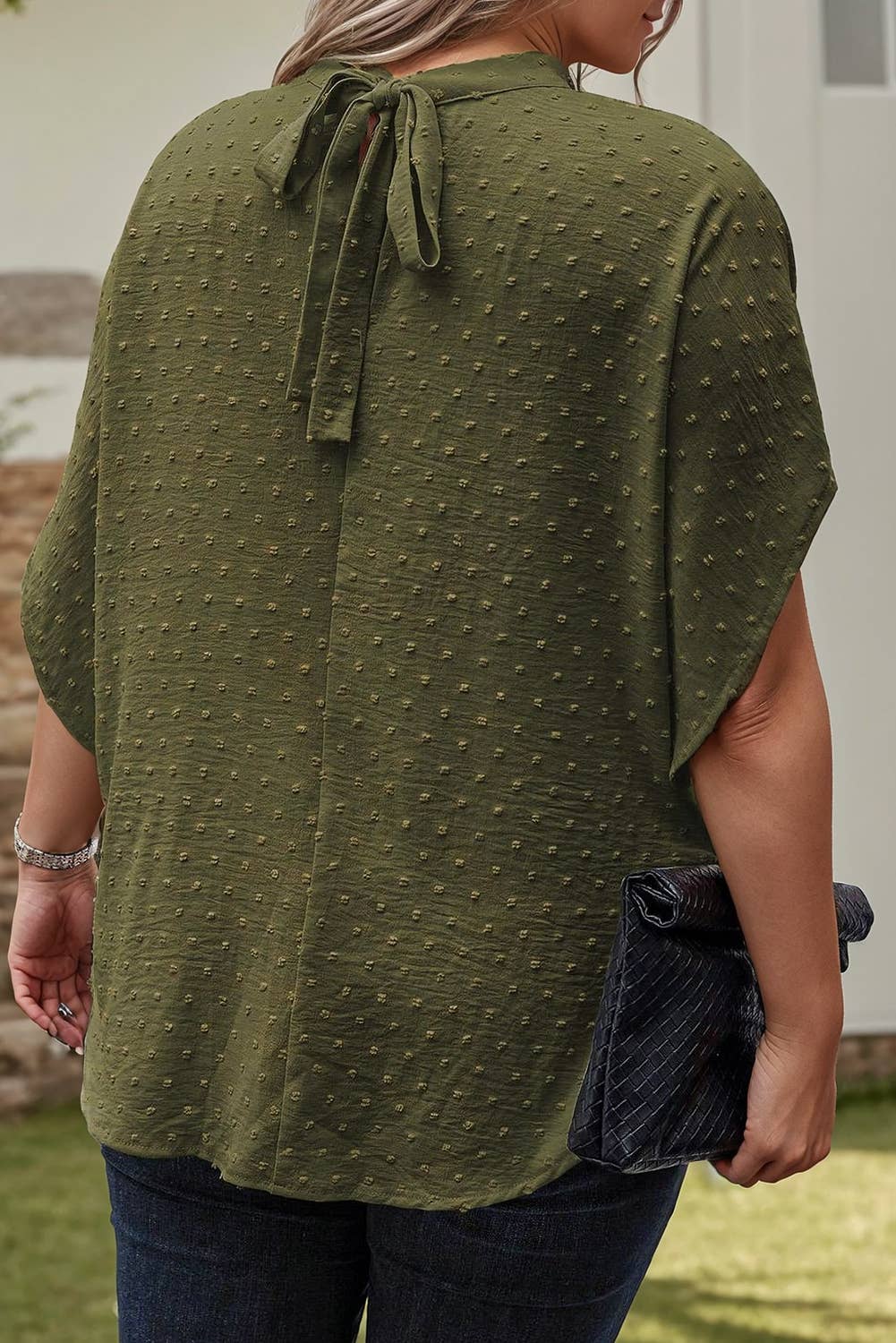 Swiss Dot Mock Neck Batwing Sleeve Blouse