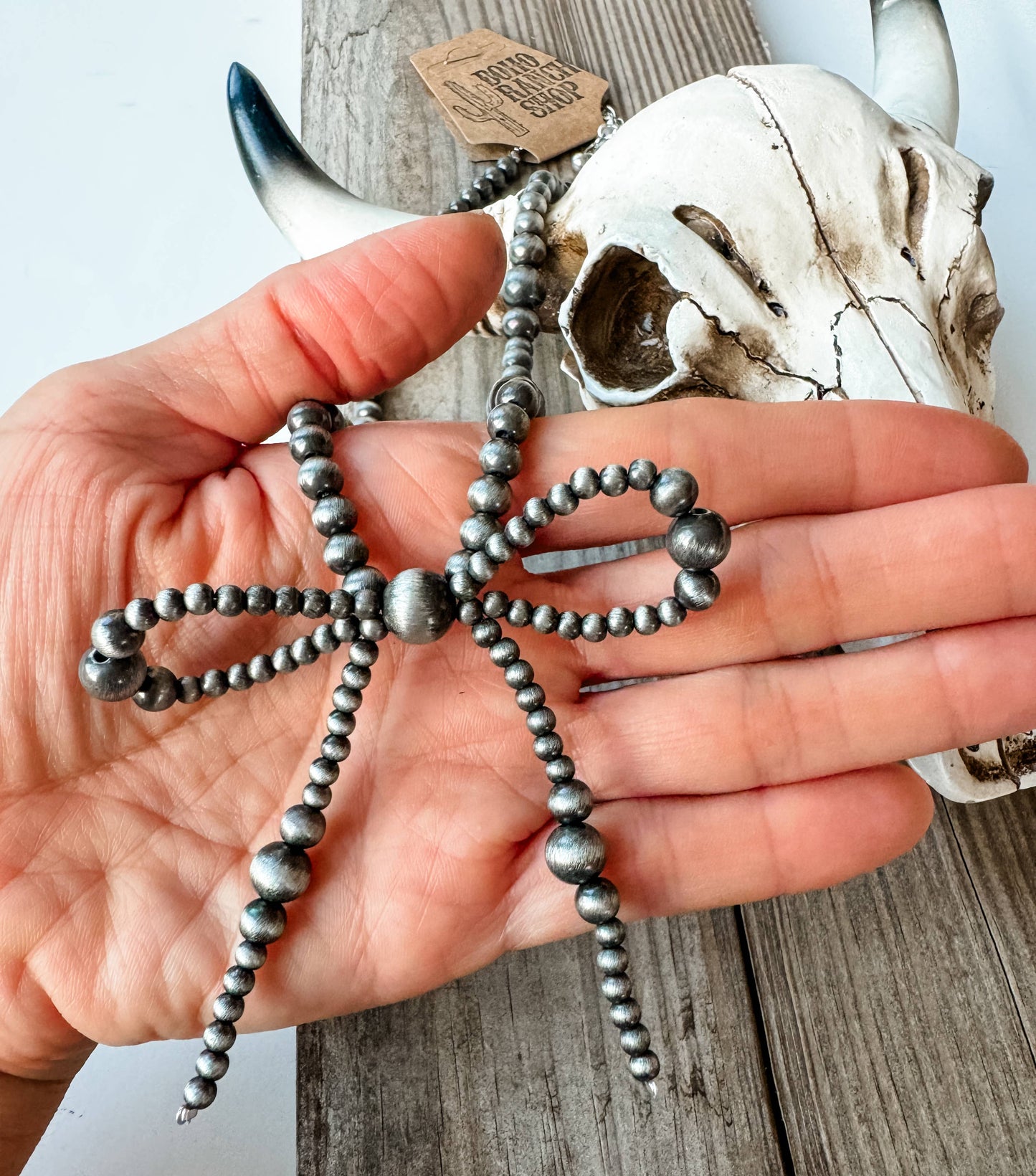 Silver Bead Coquette Bow Necklace