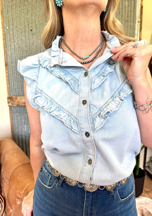 Denim Ruffle Cap Sleeve Shirt