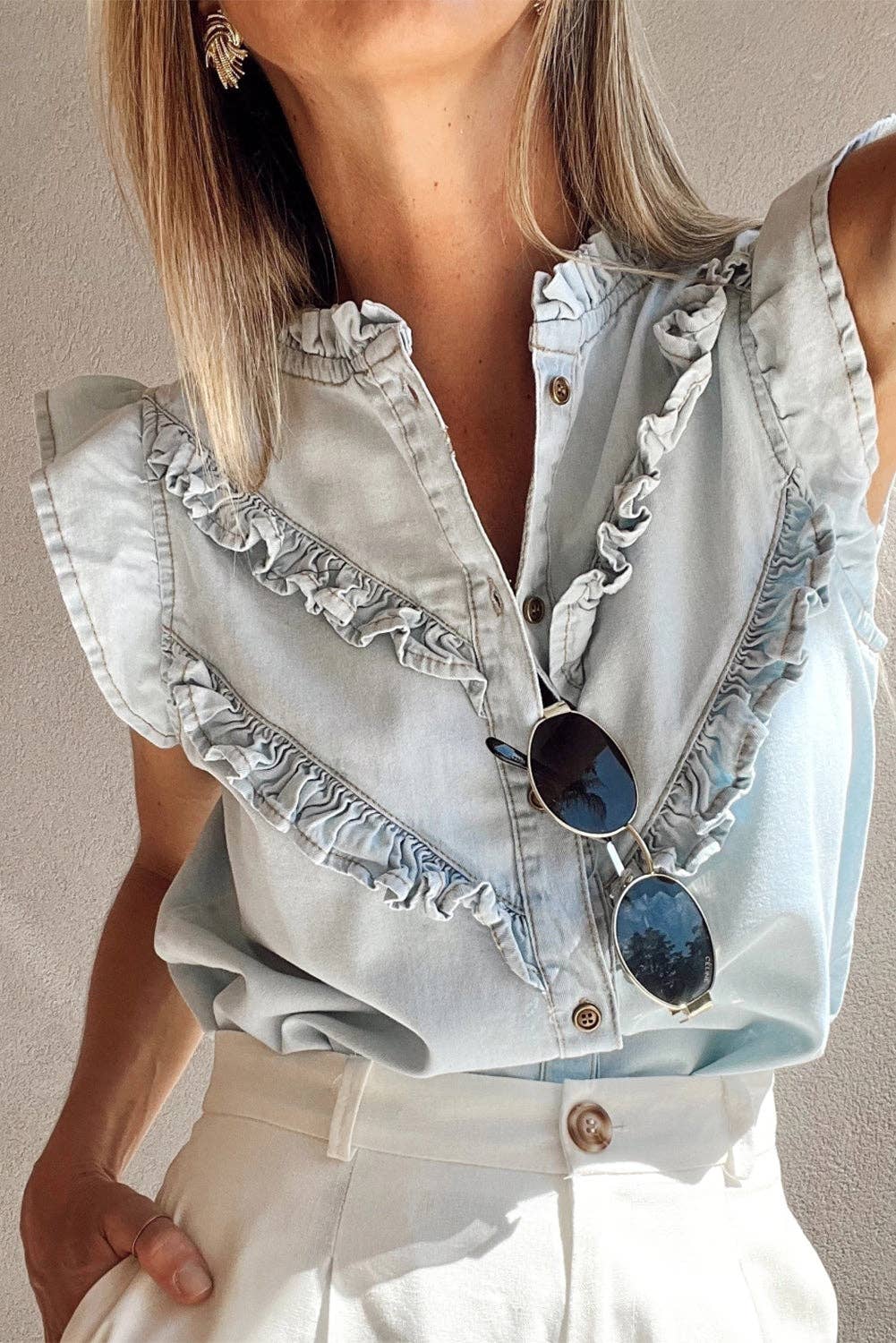 Denim Ruffle Cap Sleeve Shirt