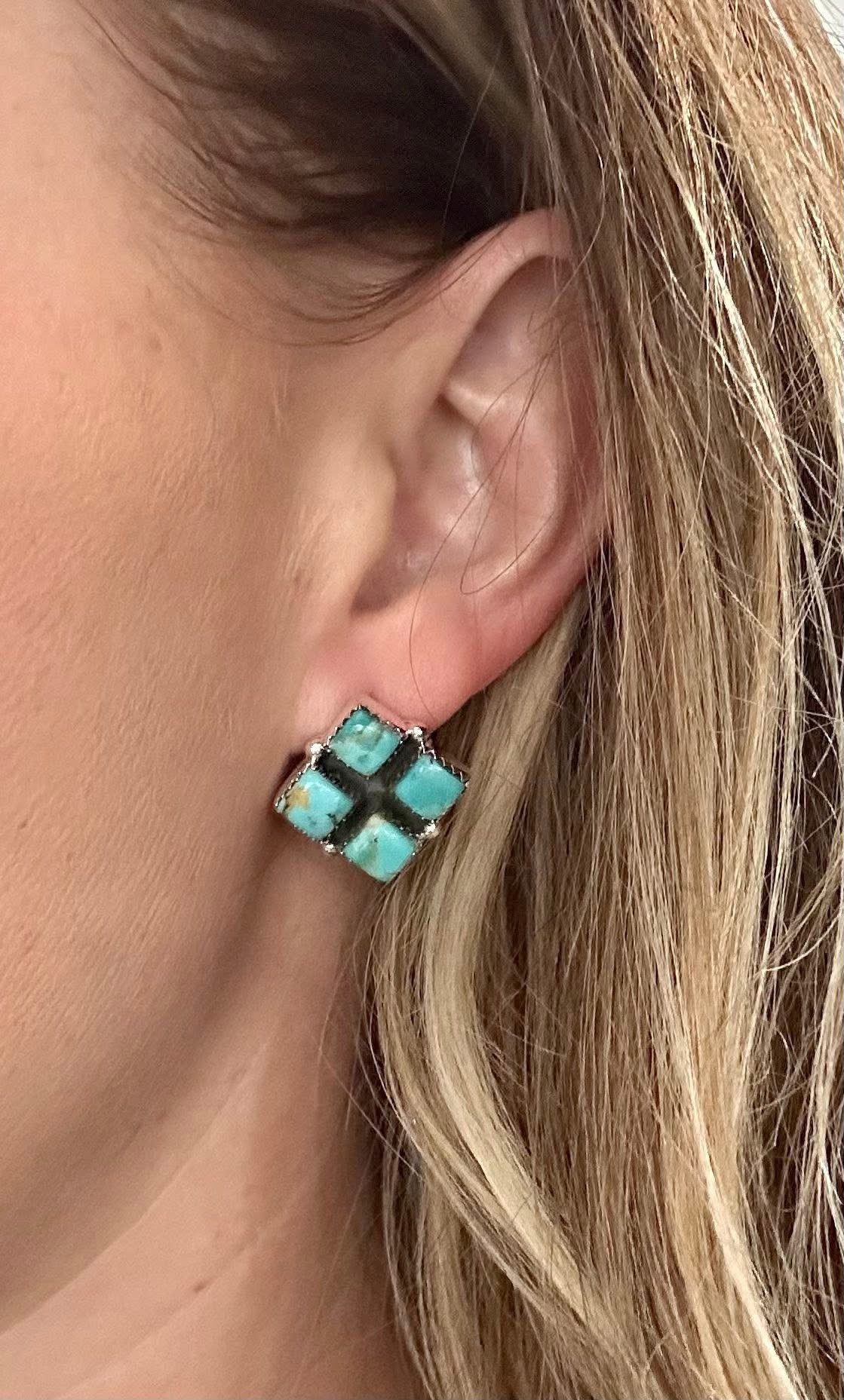 4 Stone Square Studs in Kingman Turquoise