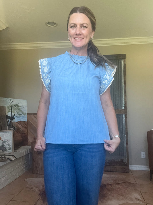 Embroidered Flutter Sleeve Denim Top