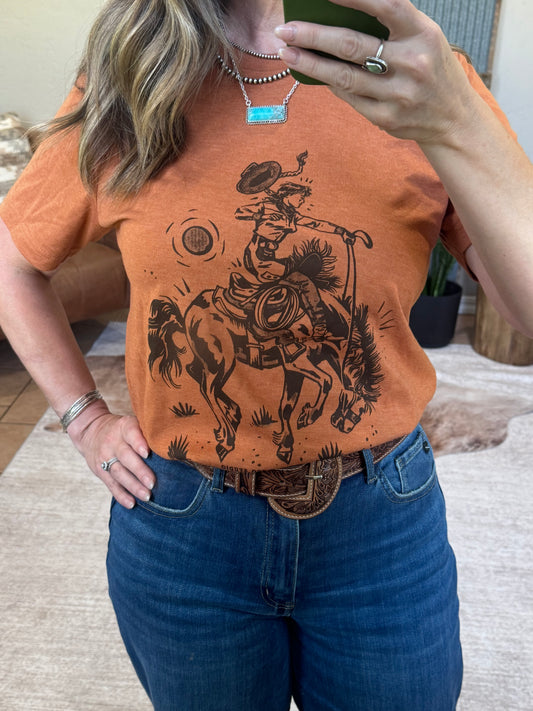 Lone Cowgirl Rider Graphic Tee: Heather Autumn