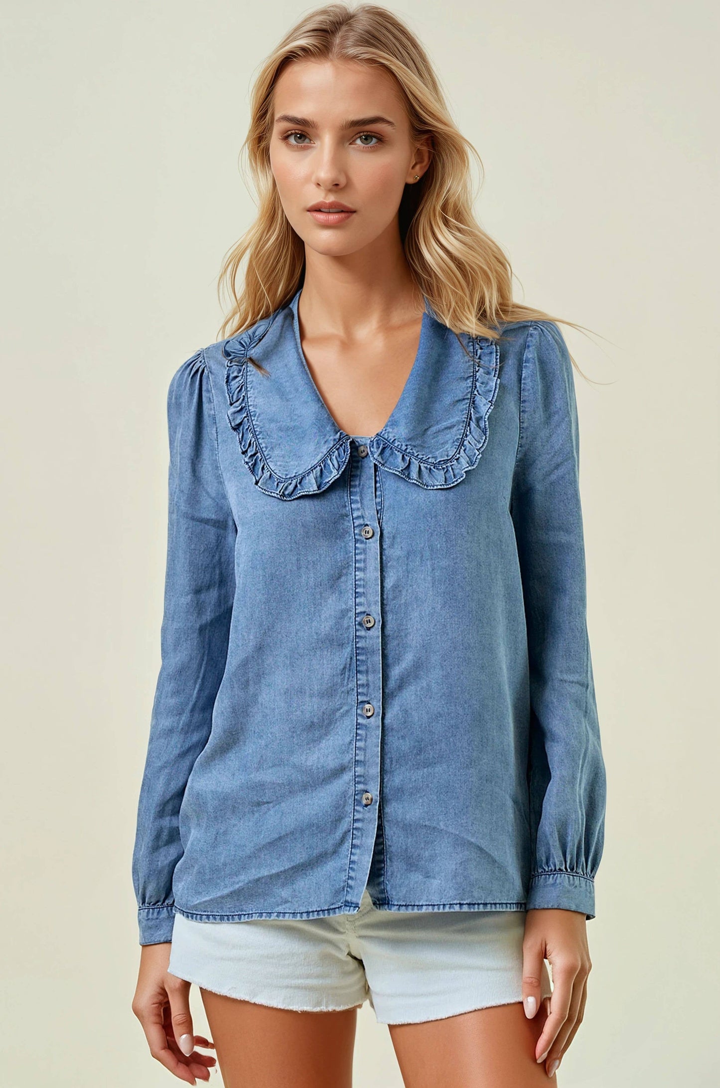 Tencel Denim Long Sleeve Button Down Blouse