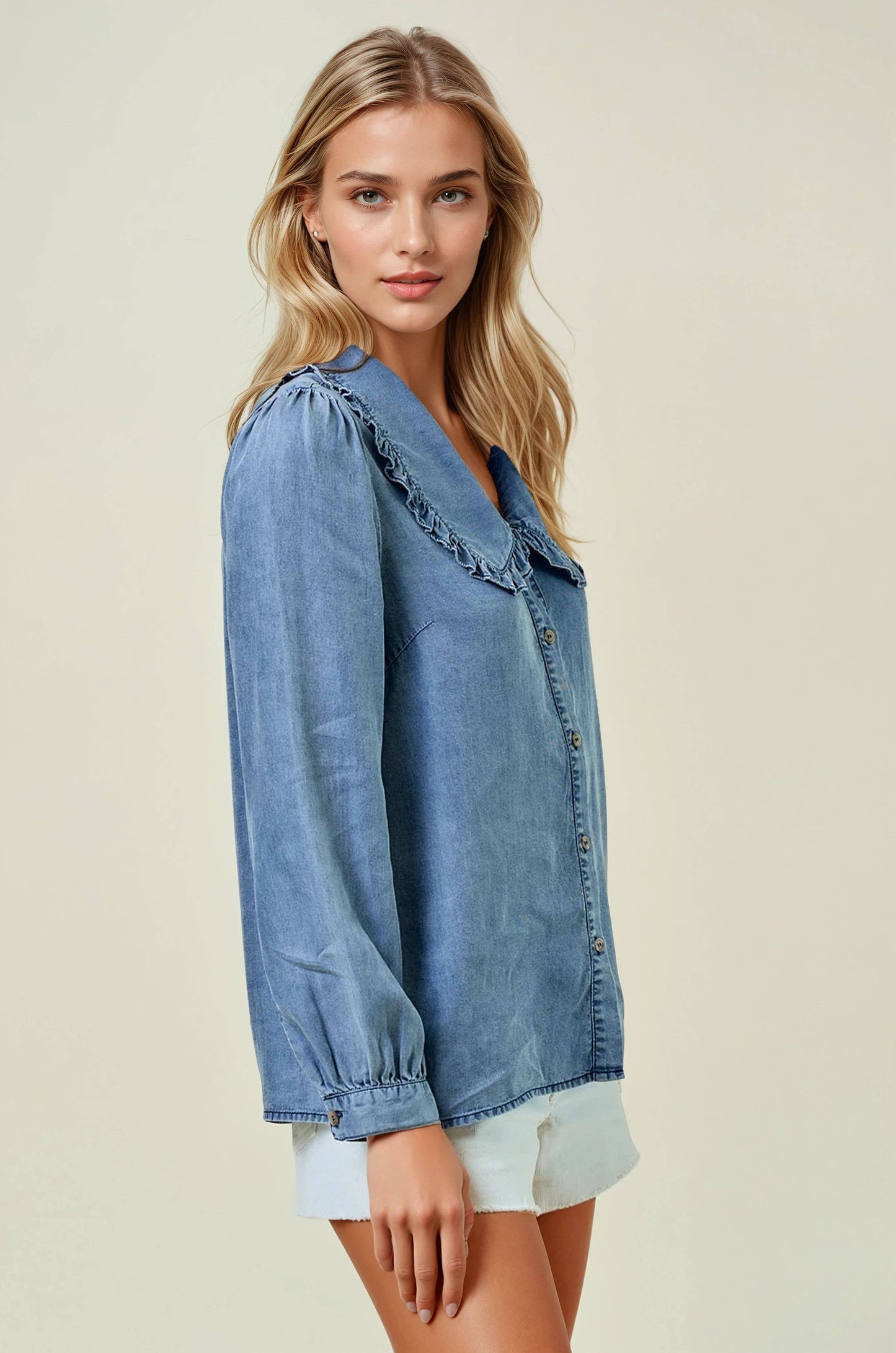Tencel Denim Long Sleeve Button Down Blouse