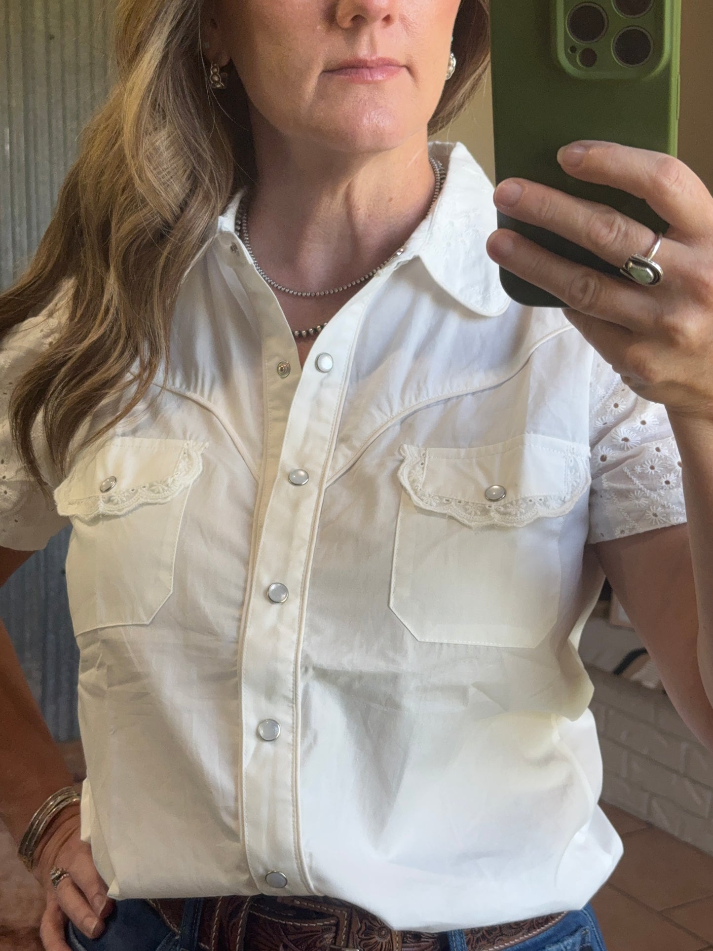 Pearl Snap White Eyelet Short Sleeve Blouse