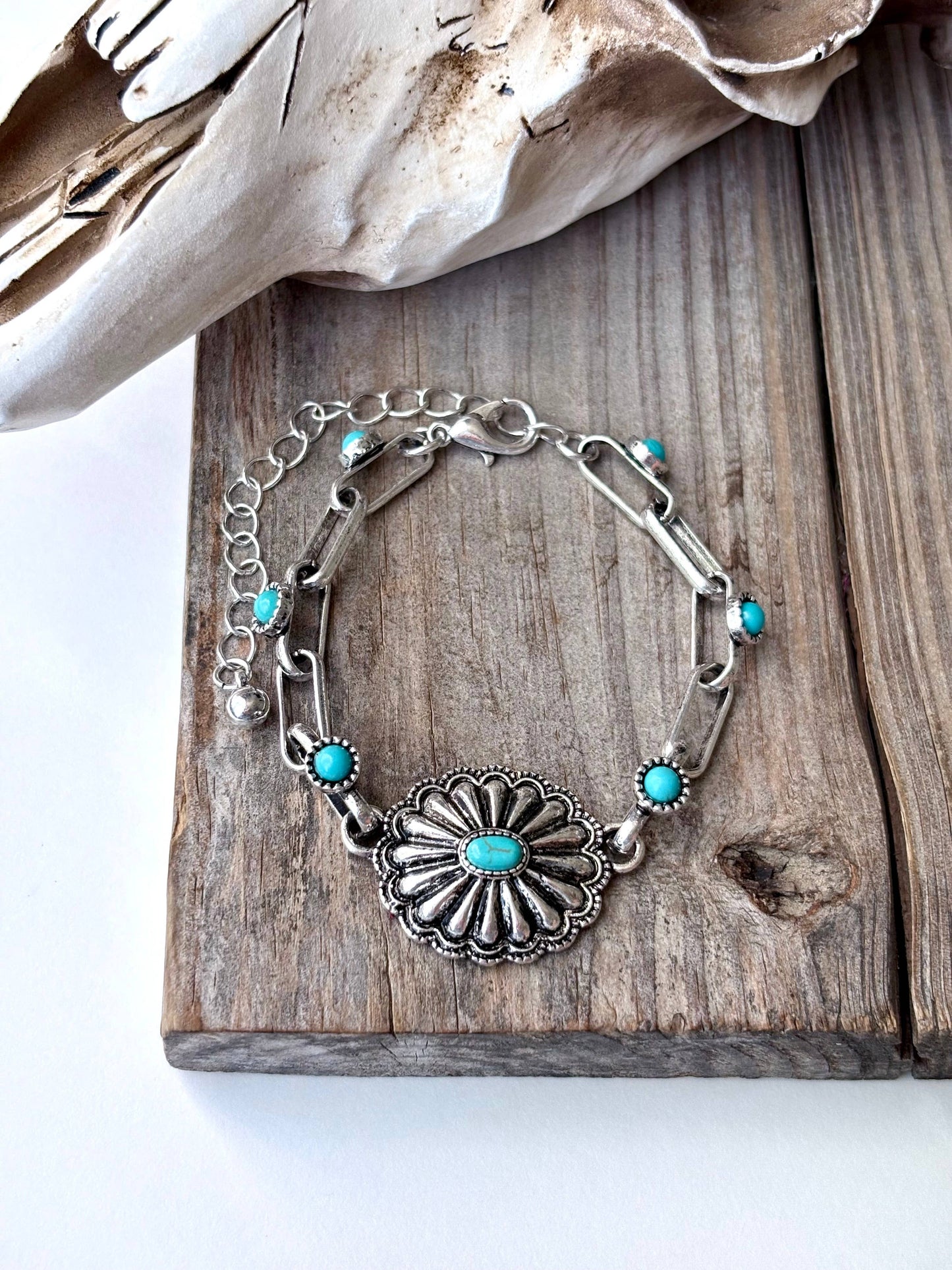 Western Concho Paper Clip Chain Bracelet- Turquoise