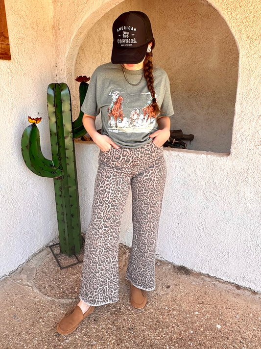 Leopard Frayed Edge Wide Leg High Waist Jeans