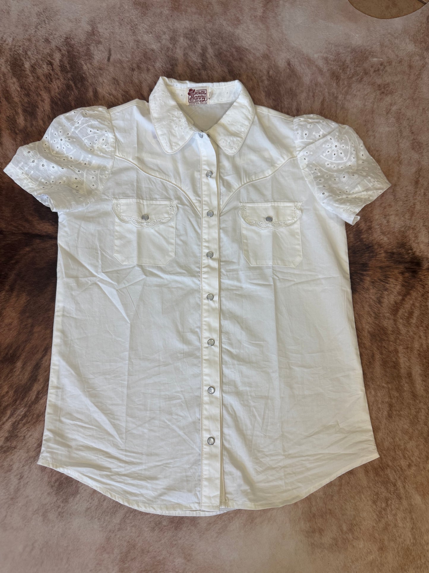 Pearl Snap White Eyelet Short Sleeve Blouse