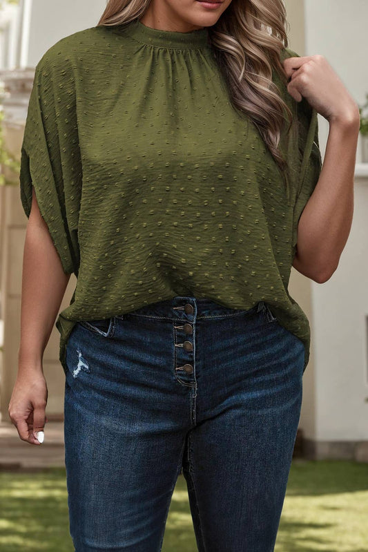 Swiss Dot Mock Neck Batwing Sleeve Blouse