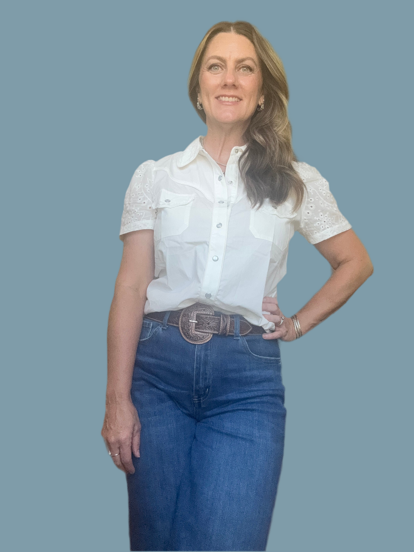 Pearl Snap White Eyelet Short Sleeve Blouse