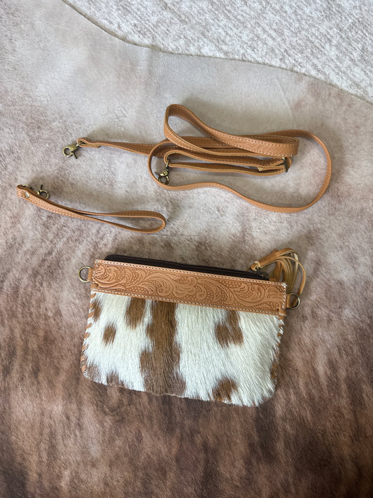 Tan/White Tooled Leather Hair on Hide. Crossbody/Wristlet