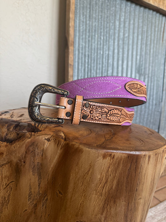 Hand tooled leather/suede belt