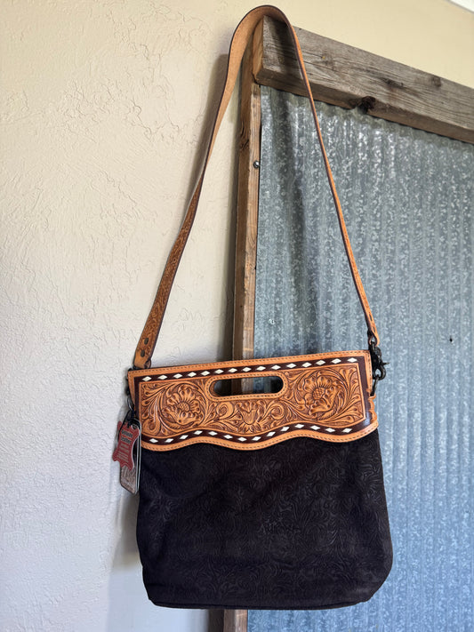 Genuine hand tooled leather bag with handle and strap~Paige