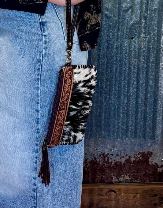 Black/White Hair on Hide W/Dark Brown Tooled Leather. Crossbody/Wristlet