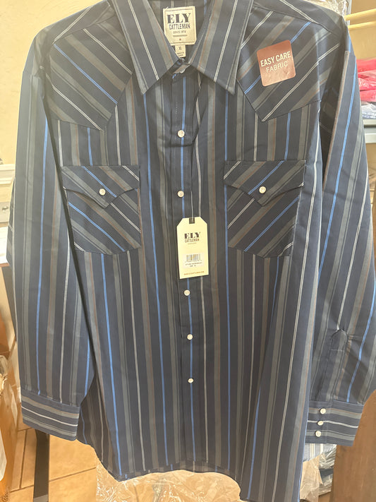 MENS L/S STRIPE BY ELY CATTLEMAN NAVY BLUE~GRAY