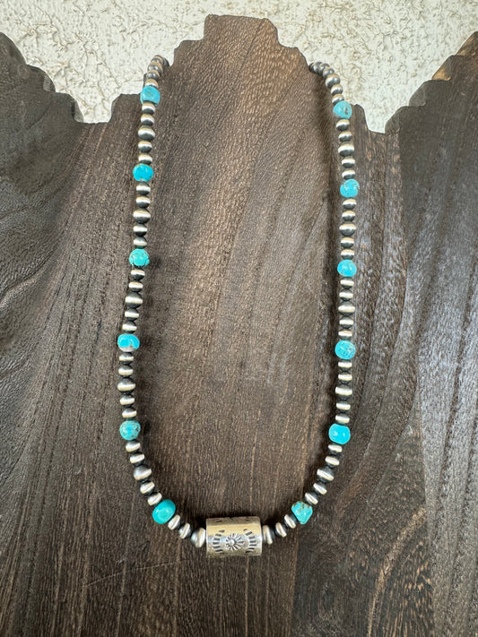Genuine Turquoise & Sterling Silver Barrel Bead Necklace 16"