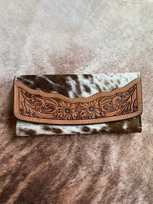Hand Tooled Leather W/ Brown Hair on Hide Wallet/Clutch