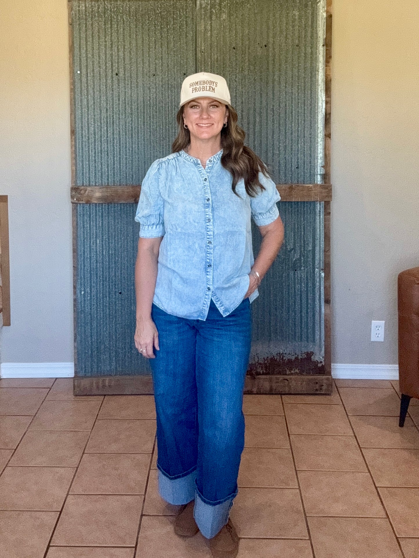 BUTTON FRONT TENCEL TOP W SHIRRED PUFF SHORT SLEEVE