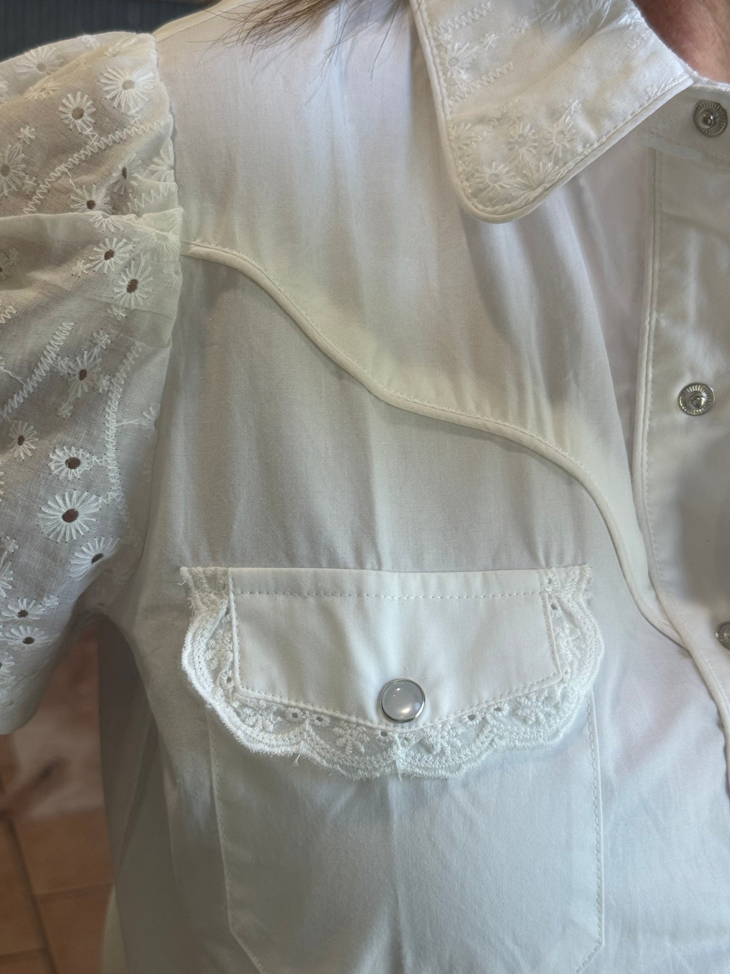 Pearl Snap White Eyelet Short Sleeve Blouse