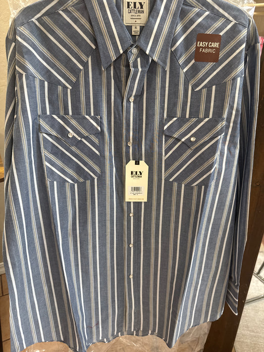 MENS L/S STRIPE ELY CATTLEMAN DENIM BLUE