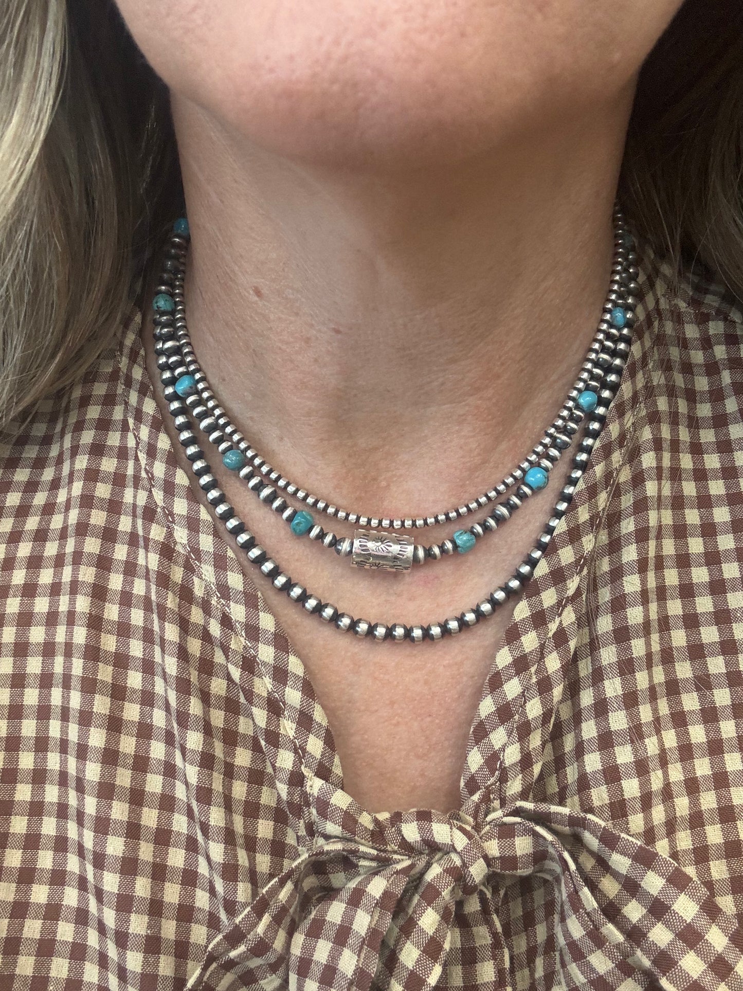 Genuine Turquoise & Sterling Silver Barrel Bead Necklace 16"