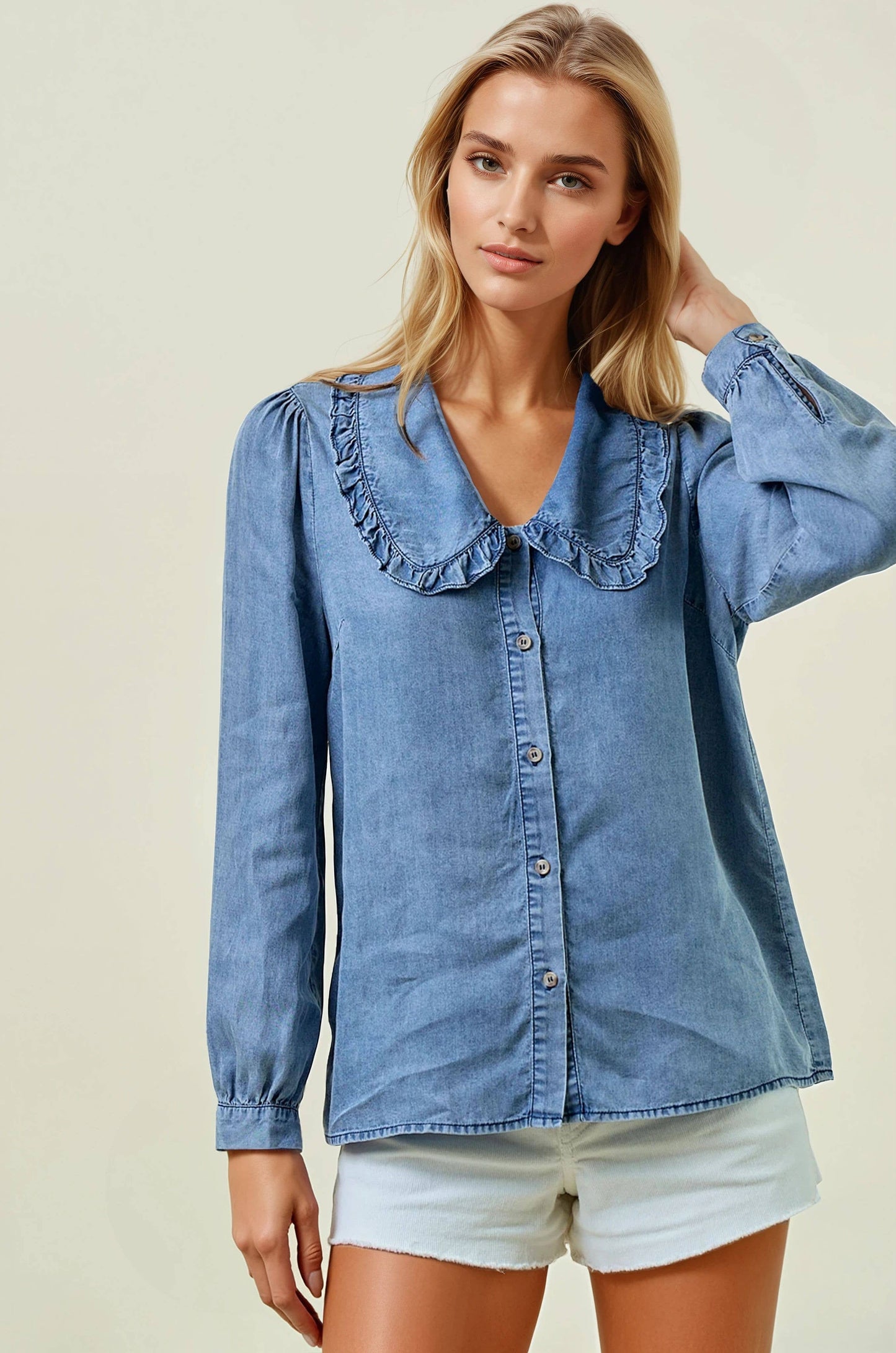 Tencel Denim Long Sleeve Button Down Blouse